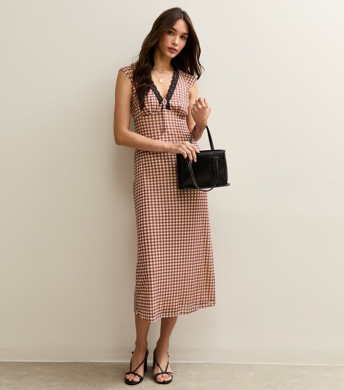 New Look Women's Brown Check Print Sleeveless Lace Trim Mesh Midi Dress New Look