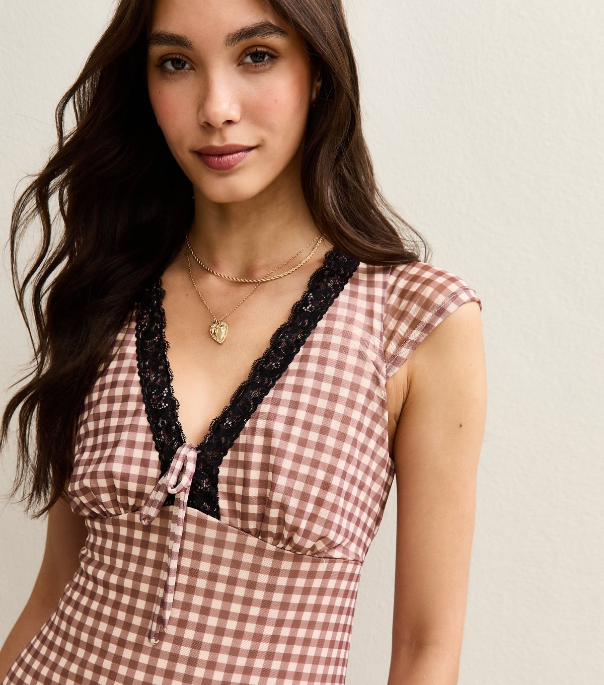 New Look Women's Brown Check Print Sleeveless Lace Trim Mesh Midi Dress New Look - 2