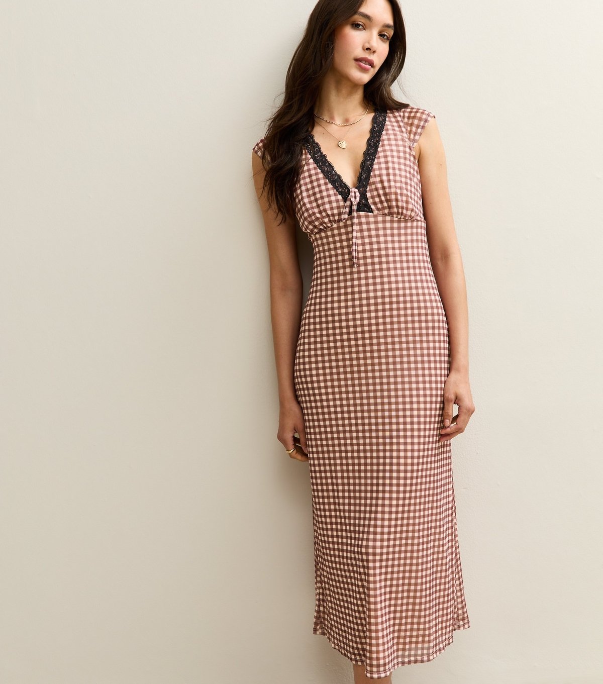 New Look Women's Brown Check Print Sleeveless Lace Trim Mesh Midi Dress New Look - 3