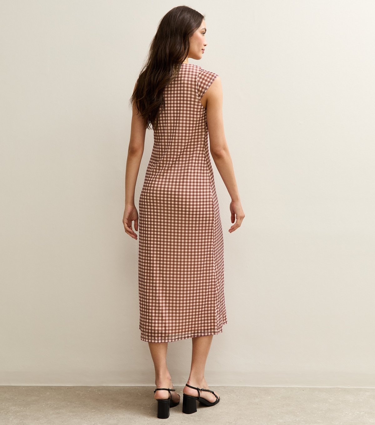 New Look Women's Brown Check Print Sleeveless Lace Trim Mesh Midi Dress New Look - 4