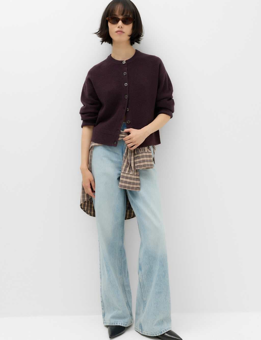 Marks & Spencer M&S Crew Neck Cardigan With Wool Dark Aubergine