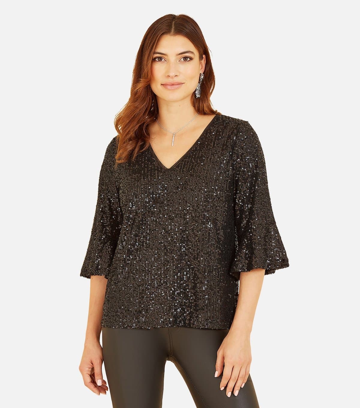 Yumi Women's Black Sequin Flared Sleeve Top Yumi New Look