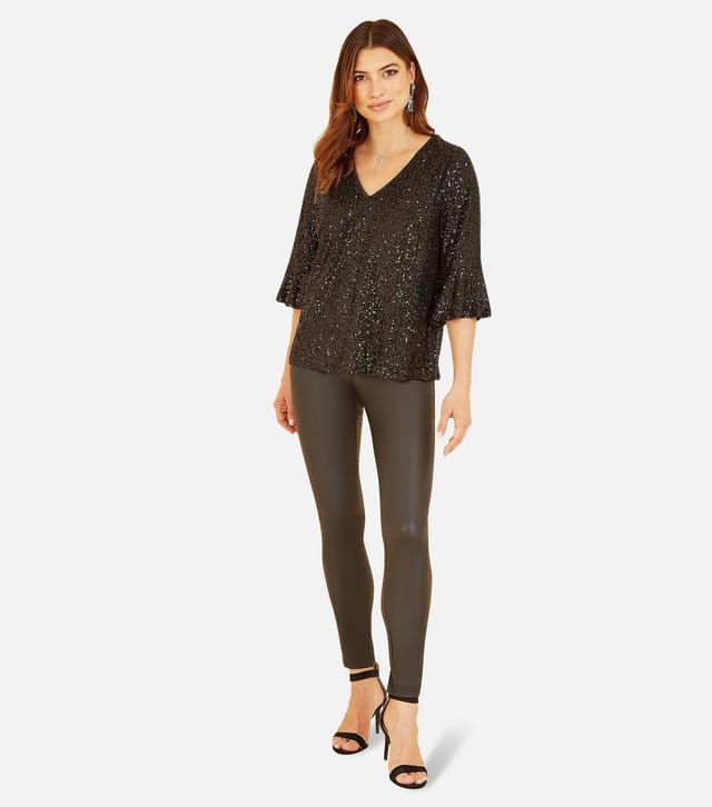 Yumi Women's Black Sequin Flared Sleeve Top Yumi New Look - 2