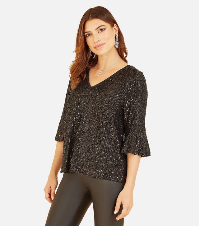 Yumi Women's Black Sequin Flared Sleeve Top Yumi New Look - 3