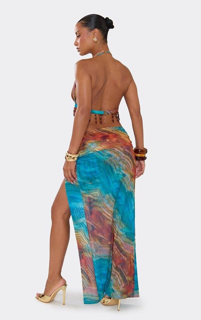EGO Plunge Halterneck Beaded Detail Cut Out Split Leg Maxi Dress In Multi Abstract Print, Women's Size UK 6 - 2