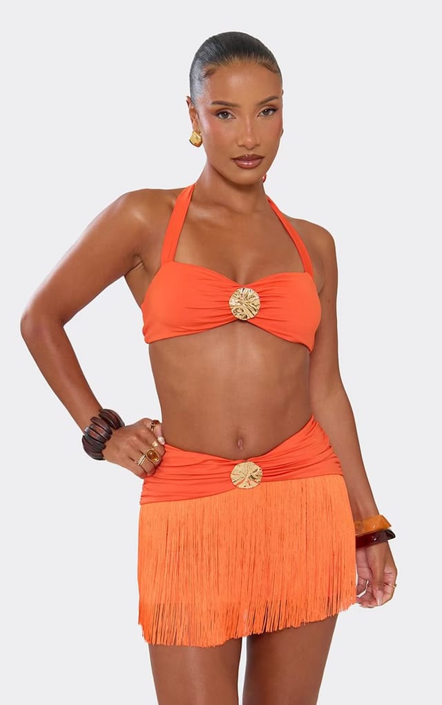 EGO Halterneck Trim Detail Crop Top In Orange, Women's Size UK 6 - 2