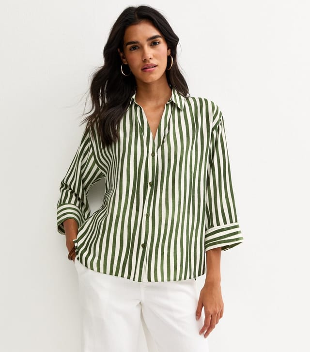 New Look Women's Green Striped 3/4 Sleeve Shirt New Look - 2