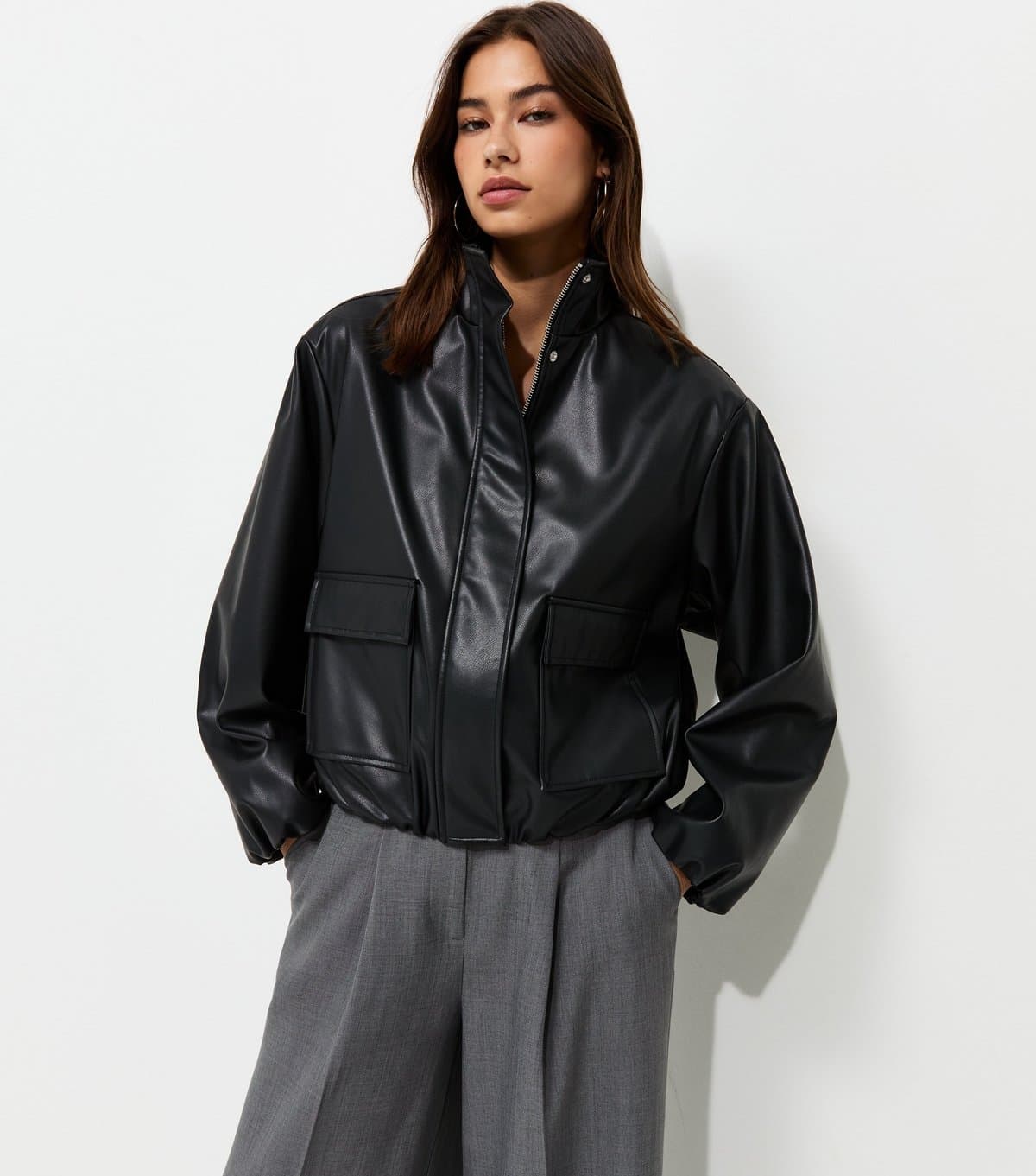 New Look Women's Black Faux Leather High Neck Jacket New Look