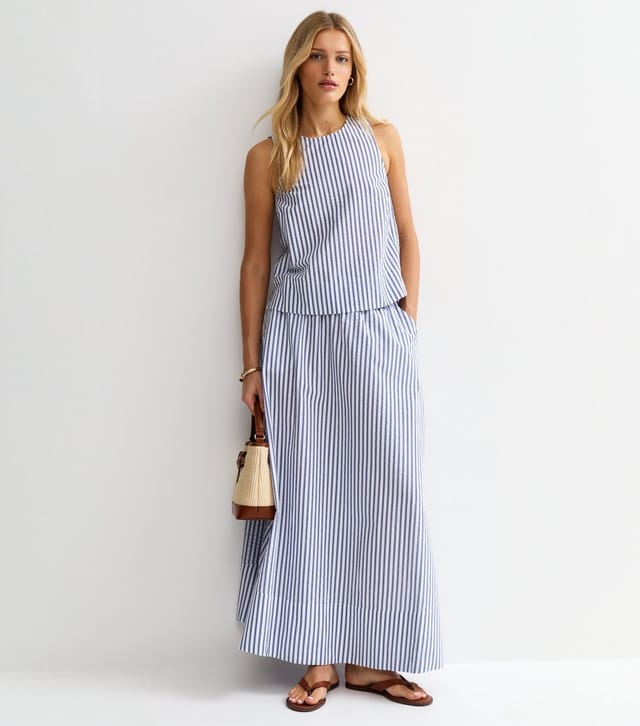 New Look Women's Blue Striped Cotton Seersucker Circle Maxi Skirt New Look - 3