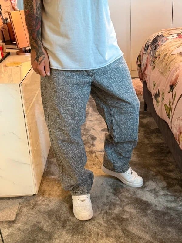 Bershka Bershka Monogram Baggy Jeans W31 Grey Y2K Wide Leg Skater Denim