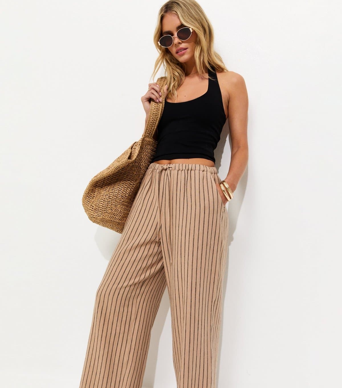 New Look Women's Petite Brown Striped Cotton Wide Leg Trousers New Look