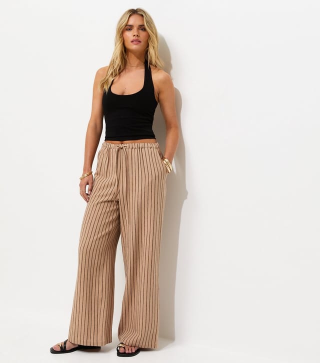 New Look Women's Petite Brown Striped Cotton Wide Leg Trousers New Look - 2