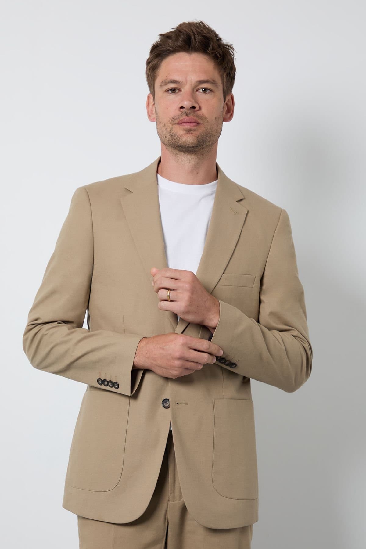 Burton Burton Men's Dark Beige Linen Slim Fit Suit Jacket