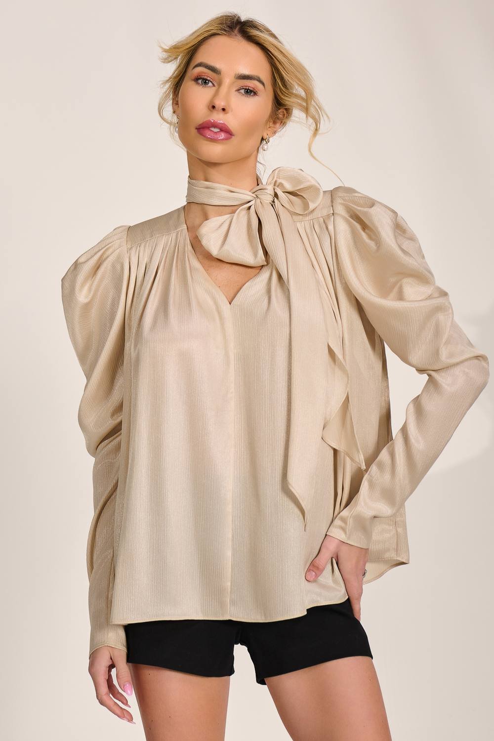 Jolie Moi Jolie Moi Women's Bow Neck Puff Sleeve Satin Blouse in Medium Beige - 2