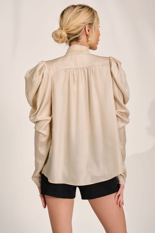 Jolie Moi Jolie Moi Women's Bow Neck Puff Sleeve Satin Blouse in Medium Beige - 2