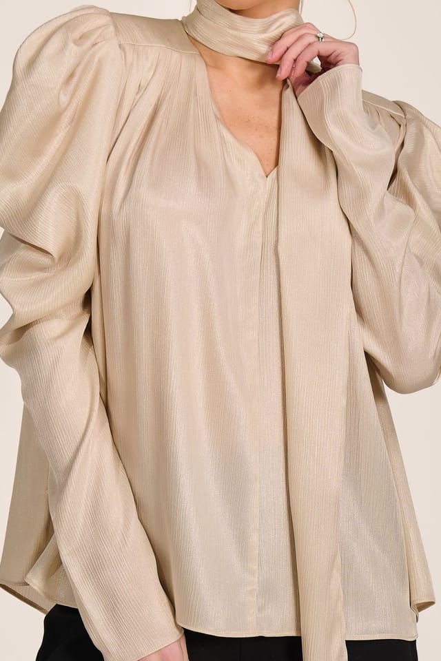 Jolie Moi Jolie Moi Women's Bow Neck Puff Sleeve Satin Blouse in Medium Beige - 3