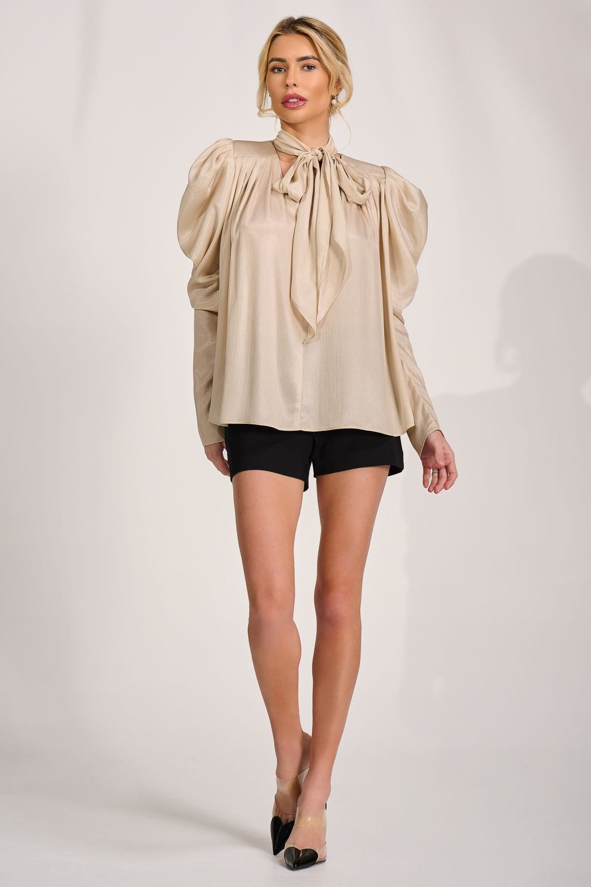 Jolie Moi Jolie Moi Women's Bow Neck Puff Sleeve Satin Blouse in Medium Beige - 4