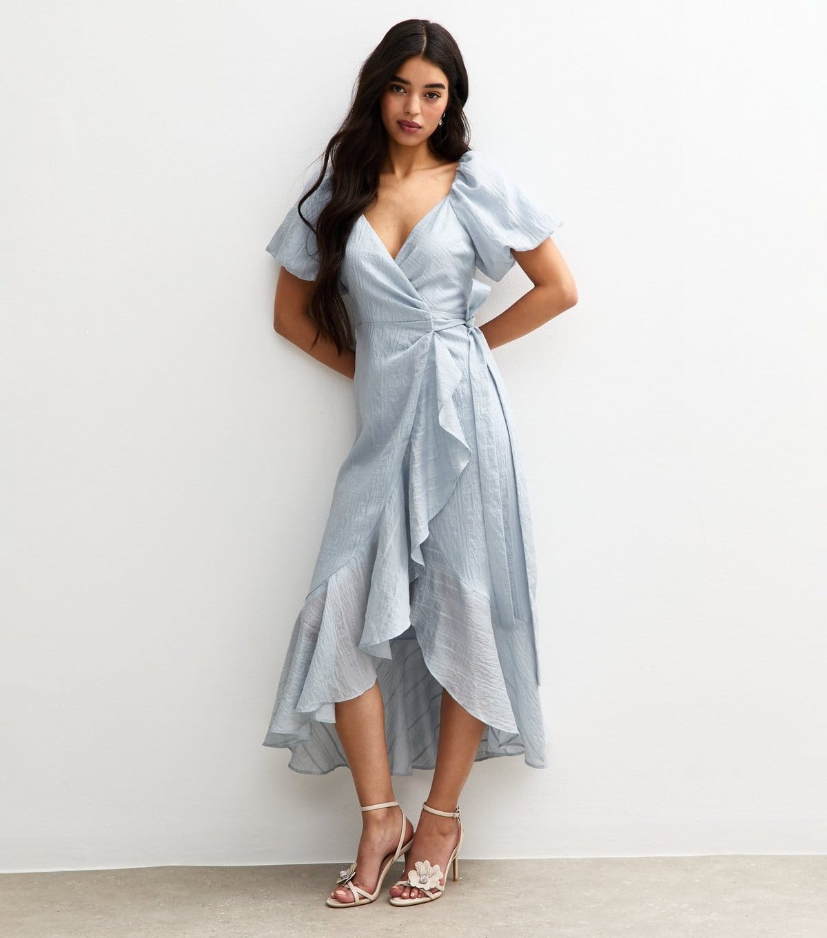 New Look Pale Blue Textured Wrap Ruffle Midi Dress