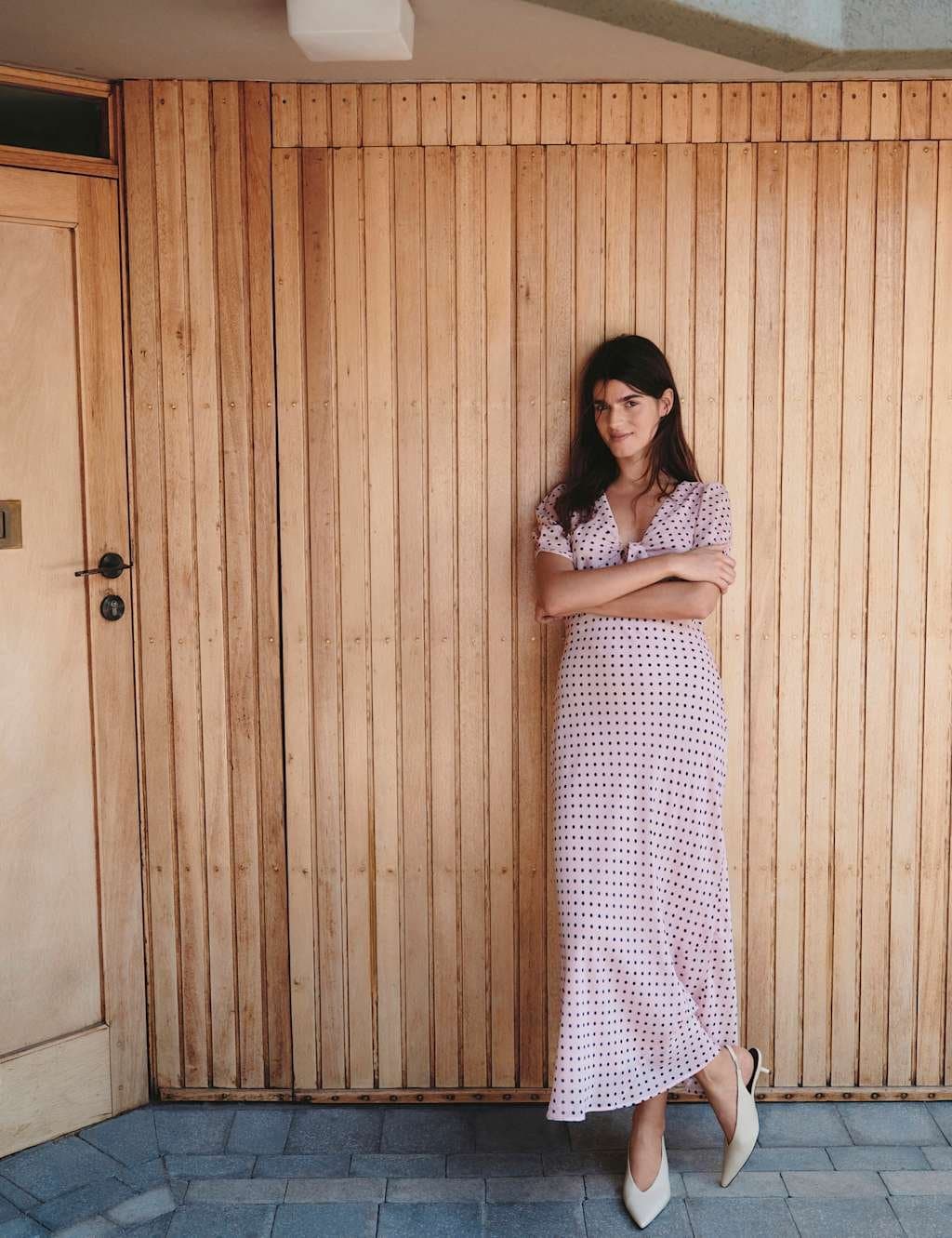 Marks & Spencer M&S Polka Dot Puff Sleeve Midaxi Tea Dress Pink Mix