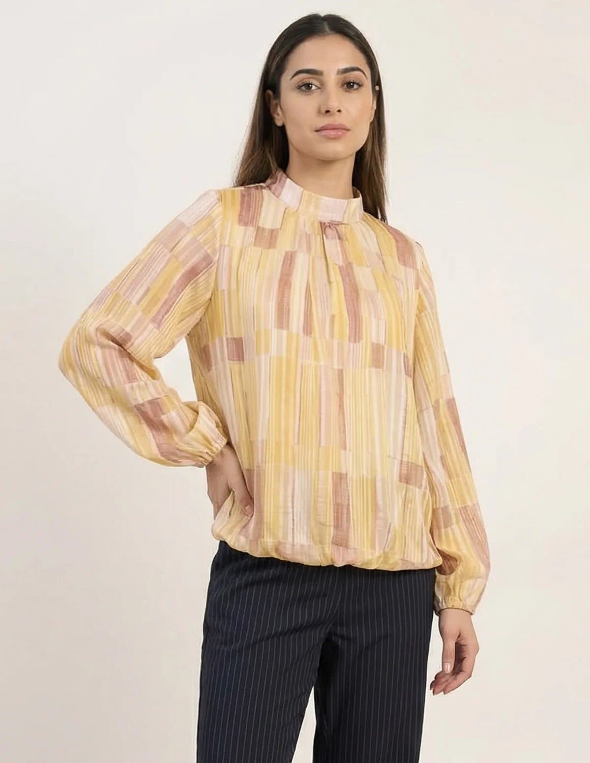 Blue Vanilla Tile Print Puffball Blouse With Metallic Detail