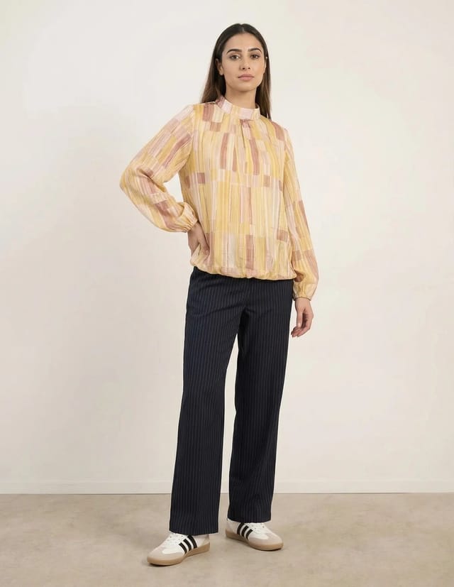 Blue Vanilla Tile Print Puffball Blouse With Metallic Detail - 2
