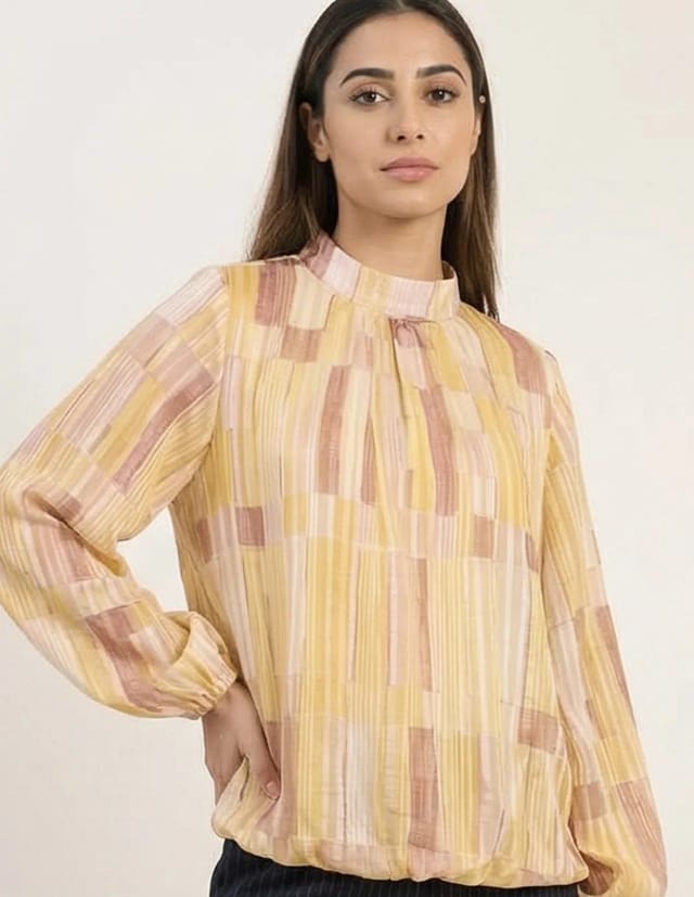 Blue Vanilla Tile Print Puffball Blouse With Metallic Detail - 3