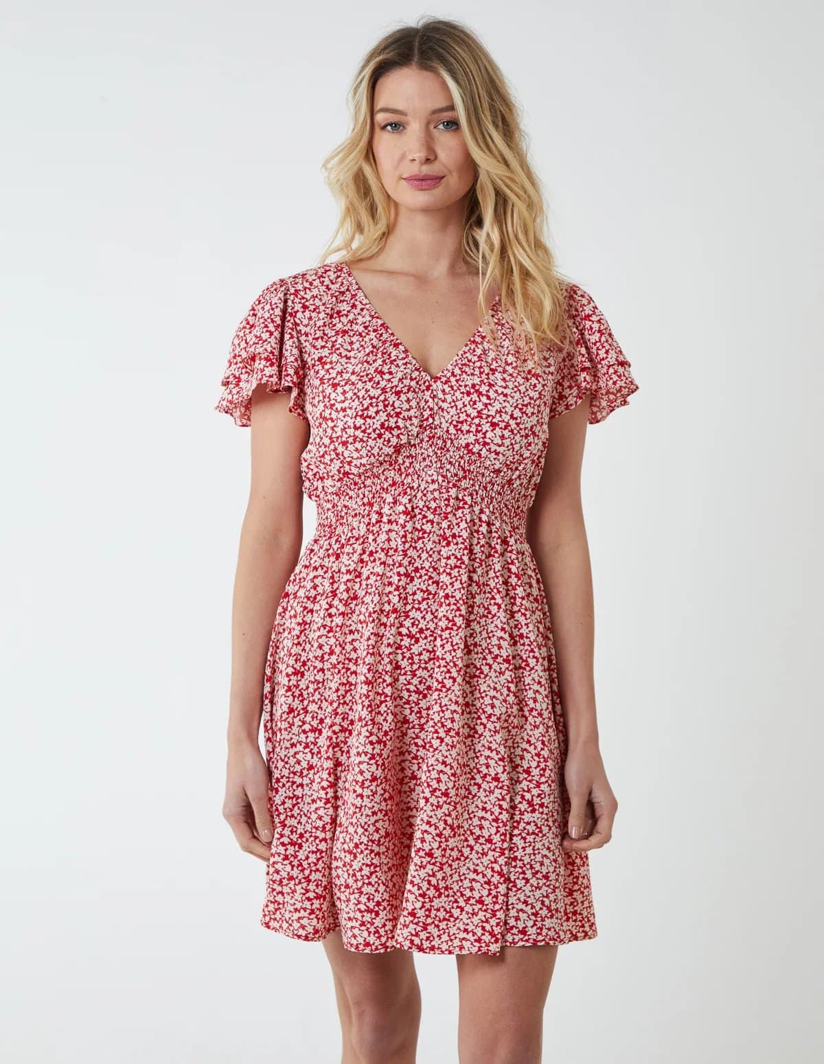 Blue Vanilla Double Ruffle Empire Shirred Mini Dress