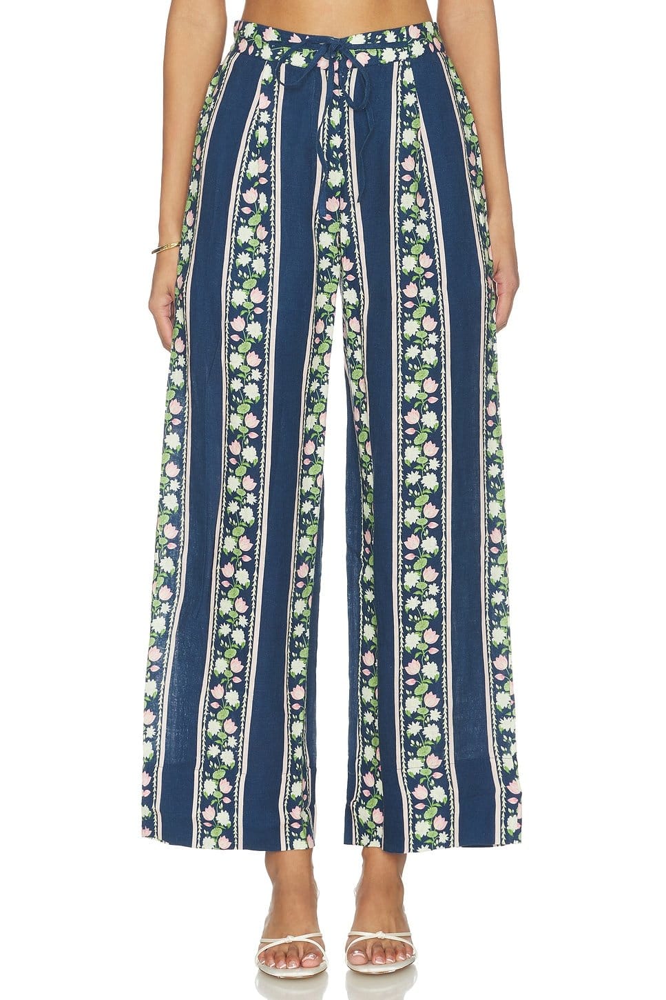 Revolve Navy Blue Floral Border Print Linen Lounge Pants