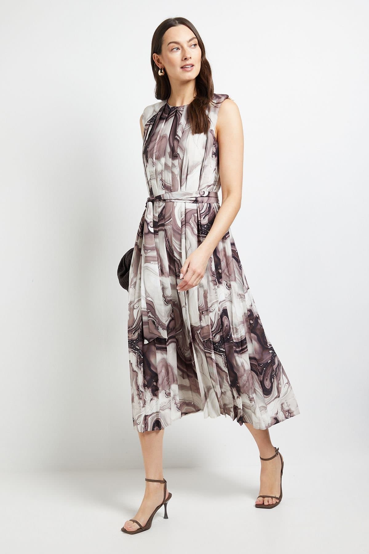 Principles Principles Women's Marble Print Pleated Midi Dress in Mono