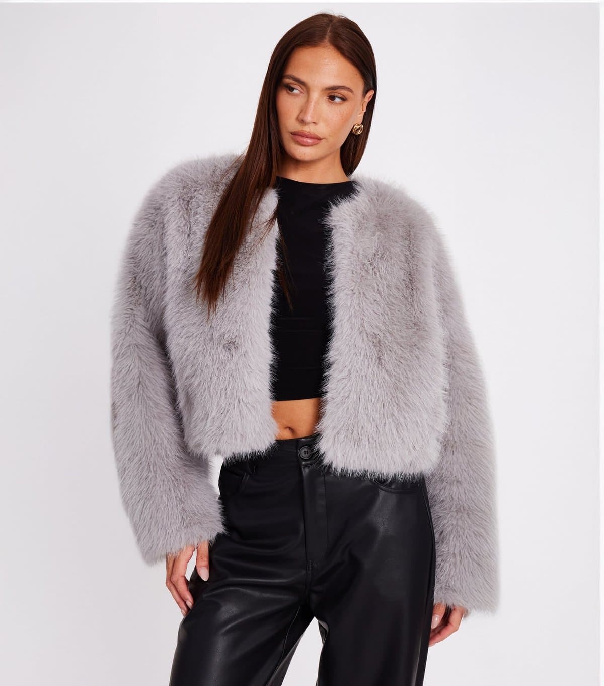 Quiz Women's Grey Faux Fur Cropped Jacket Quiz New Look