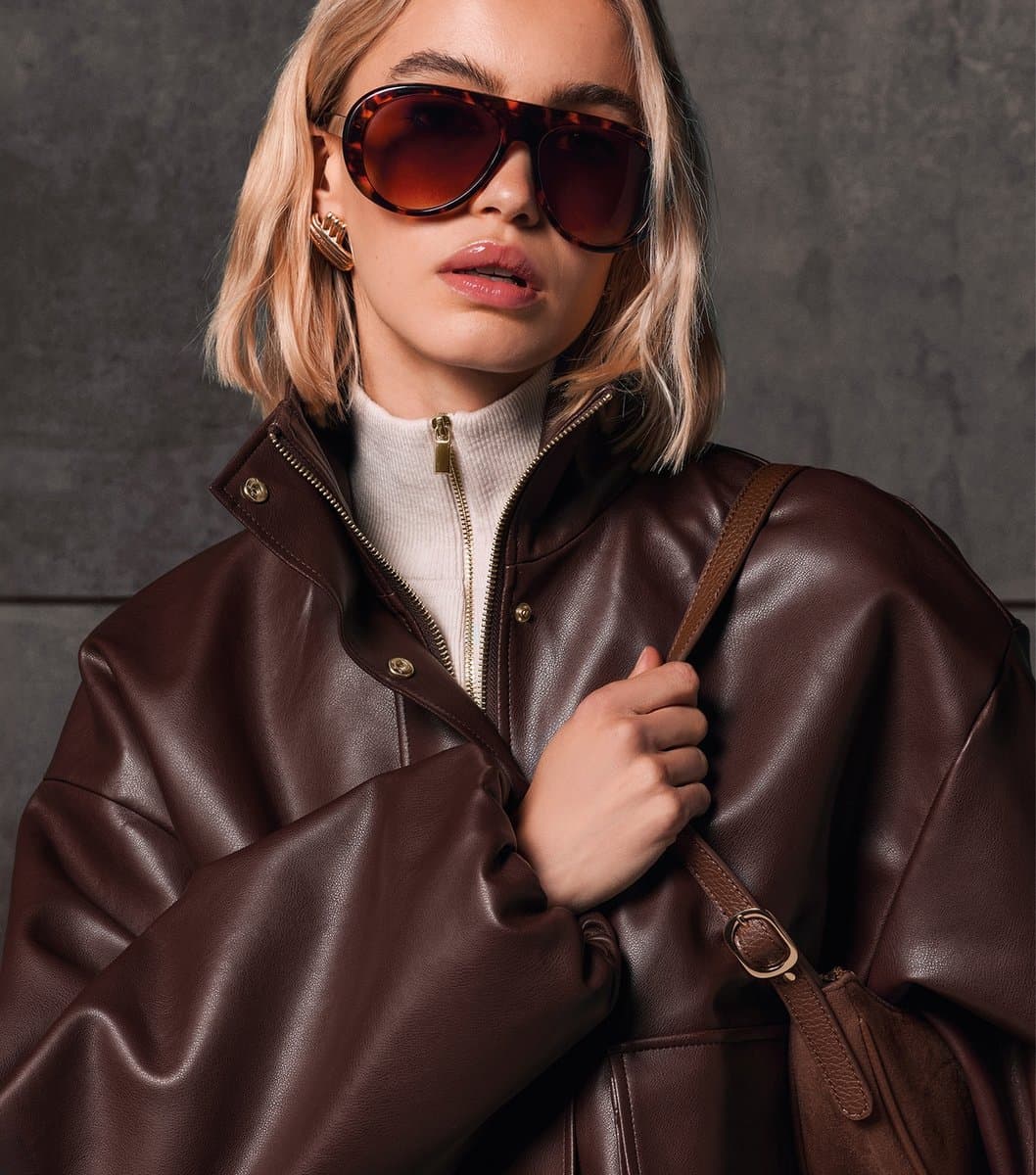 New Look Women's Dark Brown Faux Leather High Neck Jacket New Look