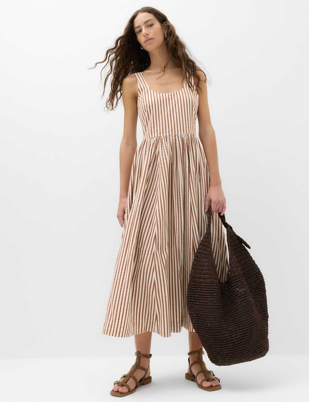 Marks & Spencer M&S Pure Cotton Striped Midi Waisted Dress Brown Mix