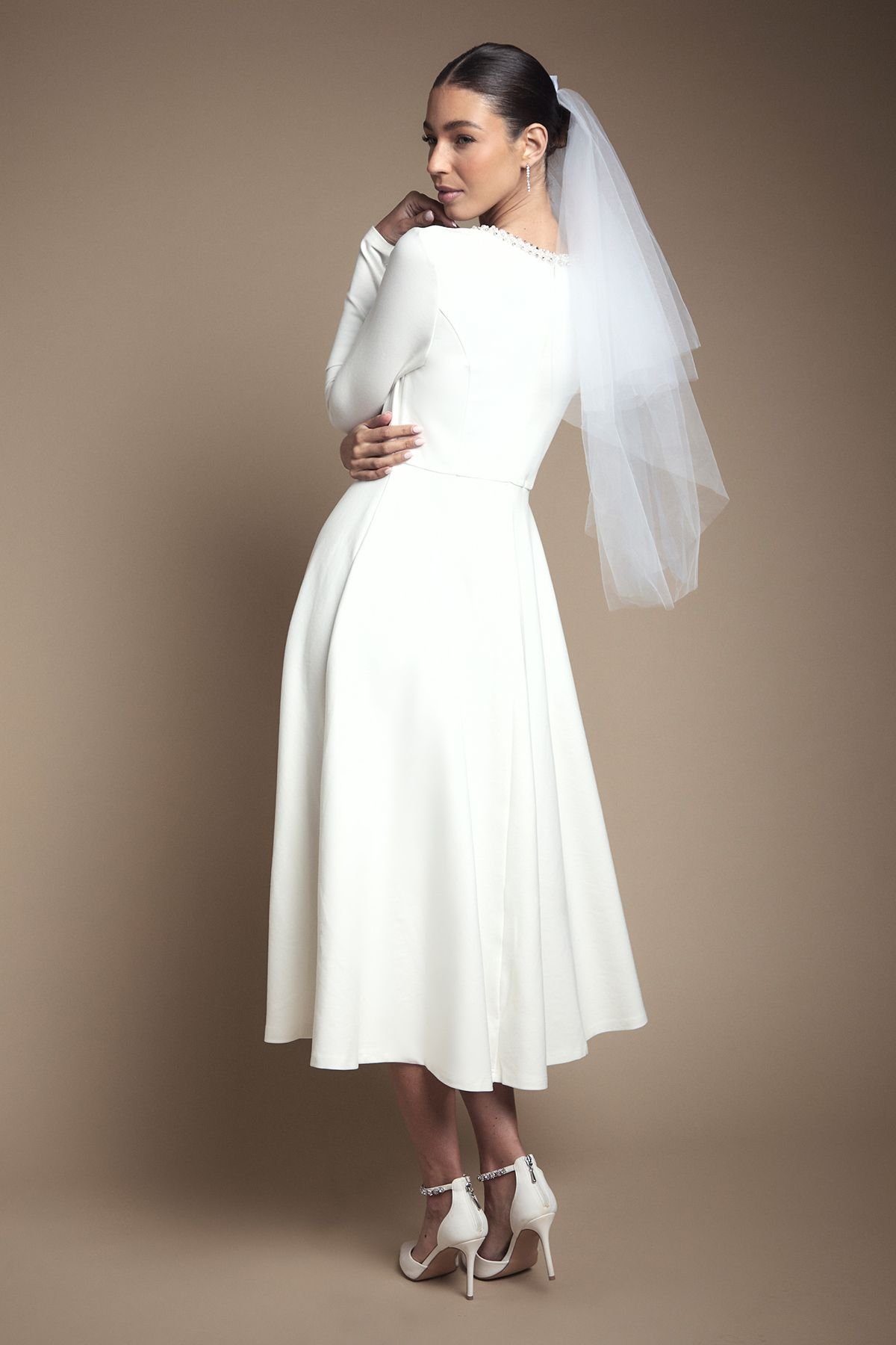 Coast Coast Women's Crystal Trim Ponte Long Sleeve Midi Wedding Dress in Ivory - 3
