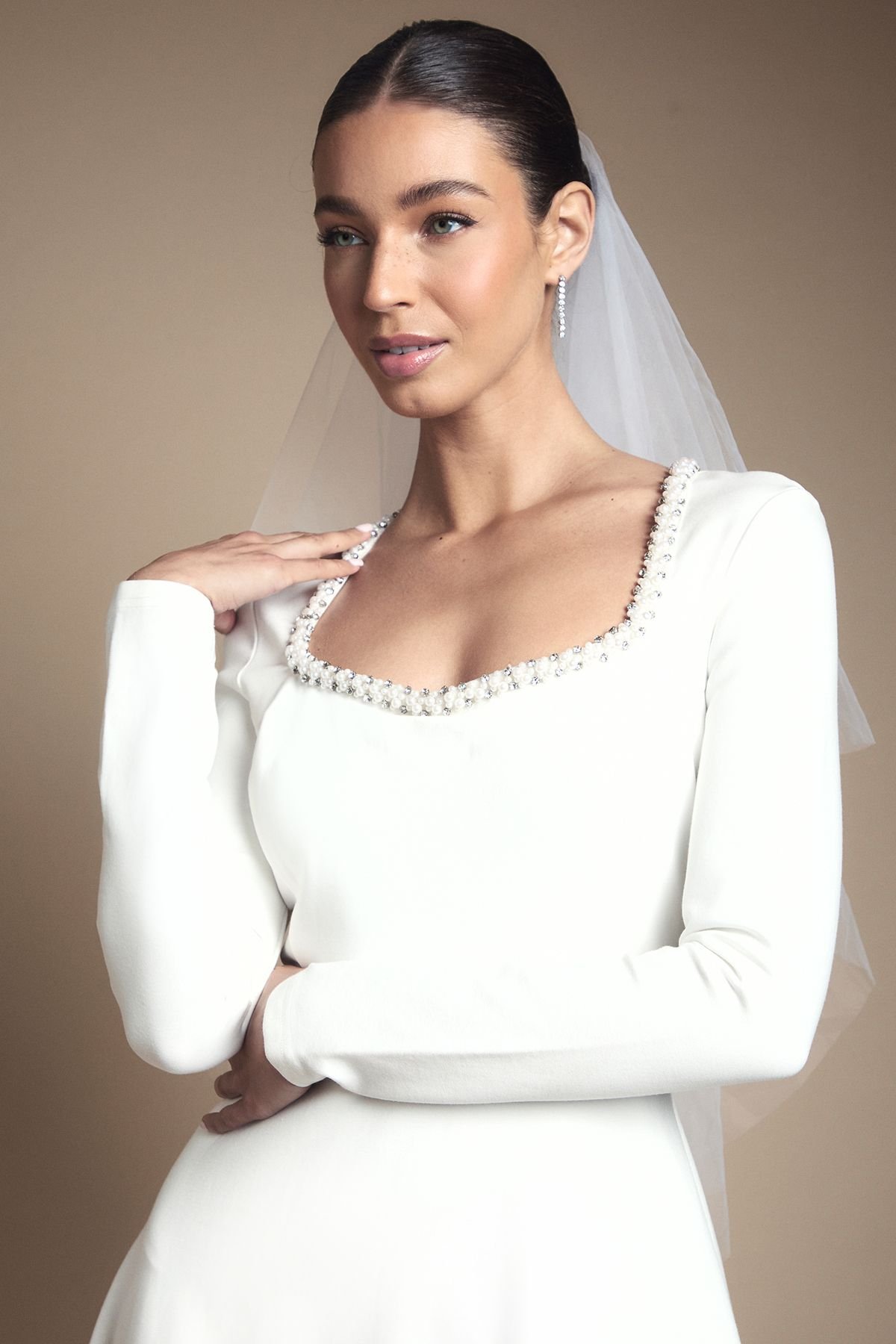 Coast Coast Women's Crystal Trim Ponte Long Sleeve Midi Wedding Dress in Ivory - 4