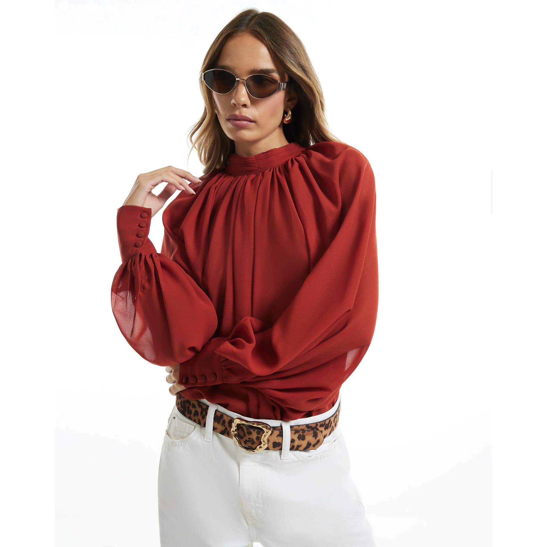 River Island River Island Womens Rust Funnel Neck Sheer Blouse