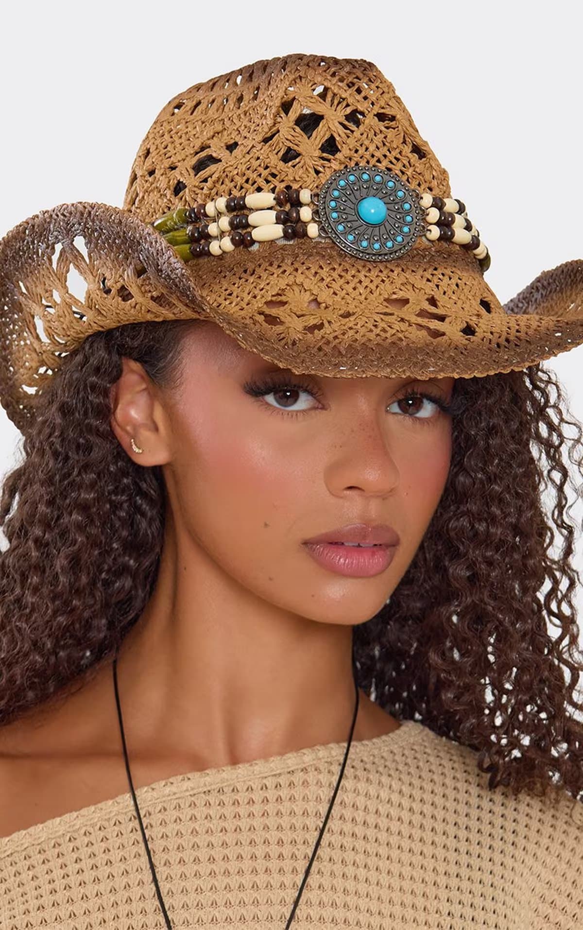 EGO Beaded Detail Western Cowboy Hat In Beige Woven, Women's Size UK 0