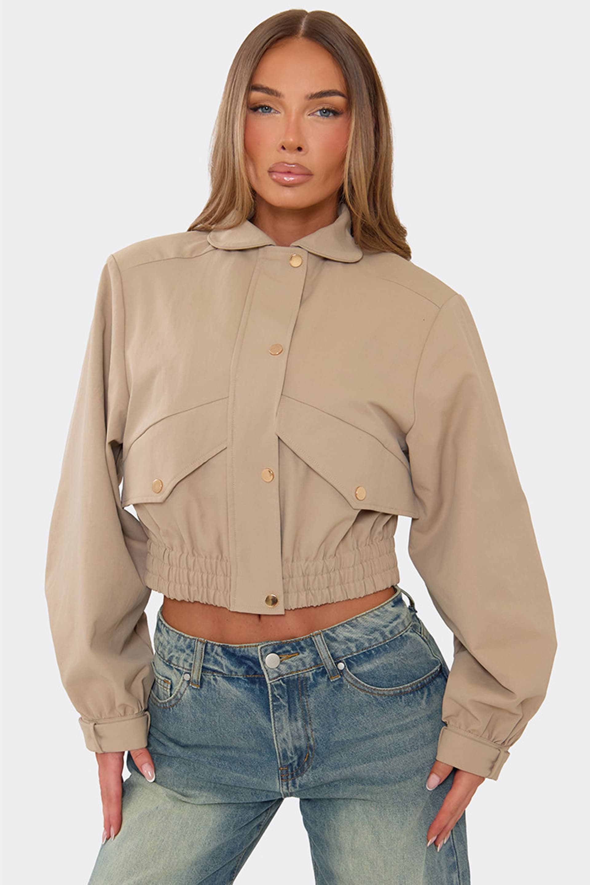 EGO EGO Women's Long Sleeve Collared Pocket Detail Faux Leather Jacket in Stone