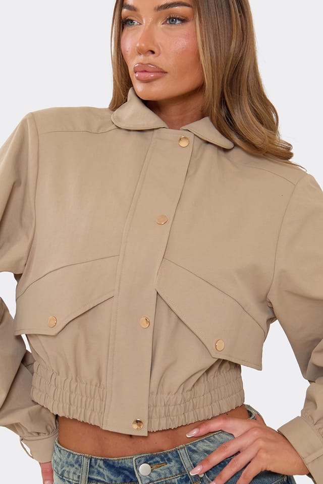 EGO EGO Women's Long Sleeve Collared Pocket Detail Faux Leather Jacket in Stone - 2