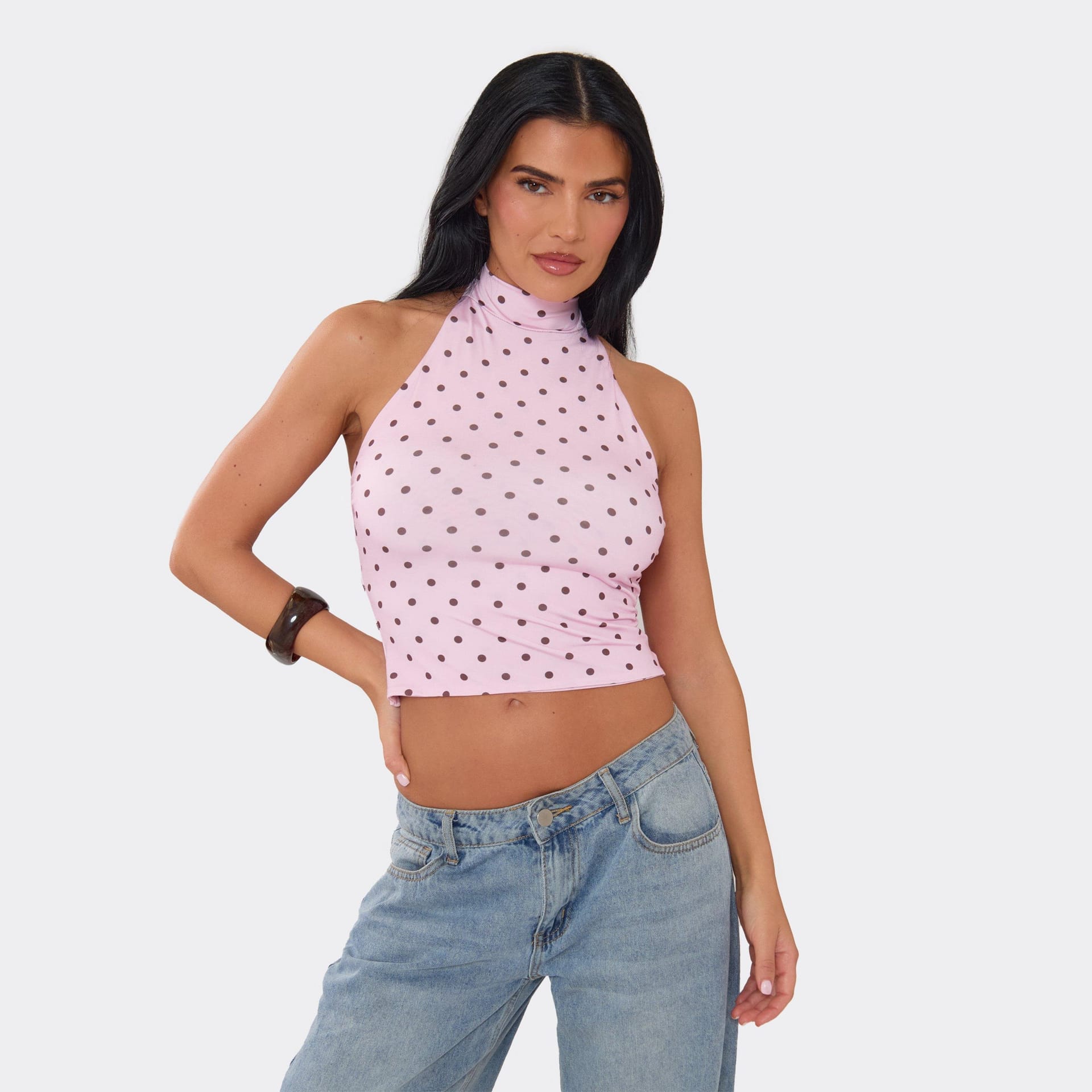 EGO Pink Polka Dot Halter Neck Cropped Top