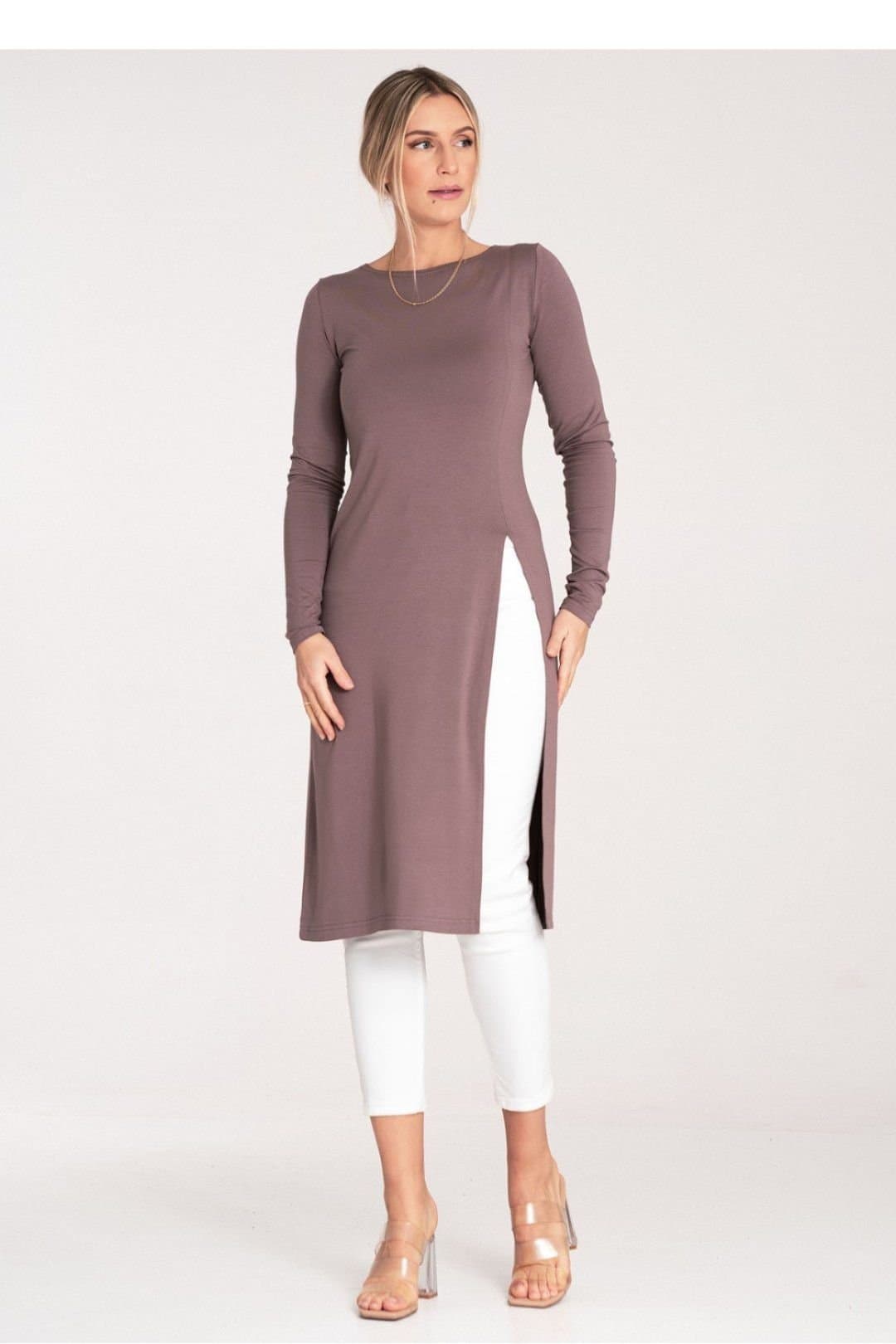 Love Lace Love Lace Women's Long Sleeve Round Neck Tunic with Side Slit in Brown