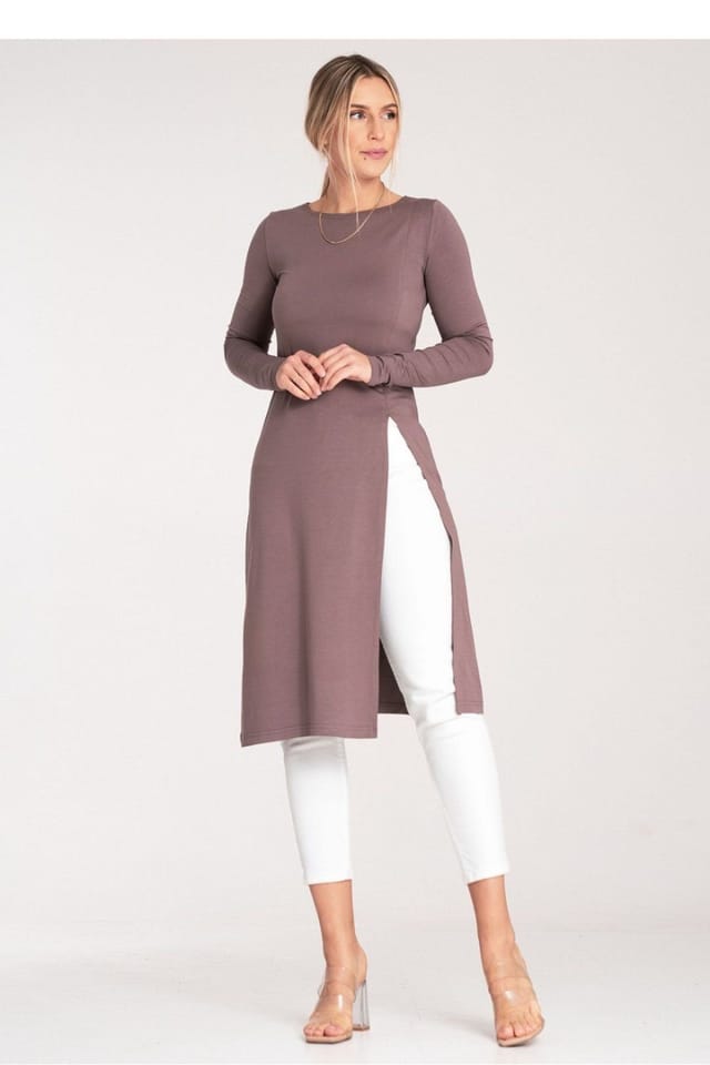Love Lace Love Lace Women's Long Sleeve Round Neck Tunic with Side Slit in Brown - 2