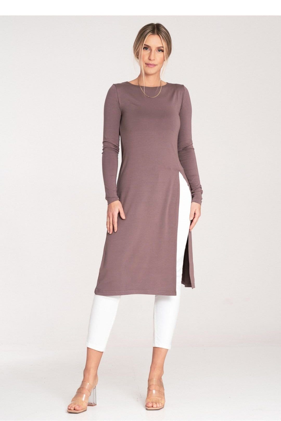Love Lace Love Lace Women's Long Sleeve Round Neck Tunic with Side Slit in Brown - 4
