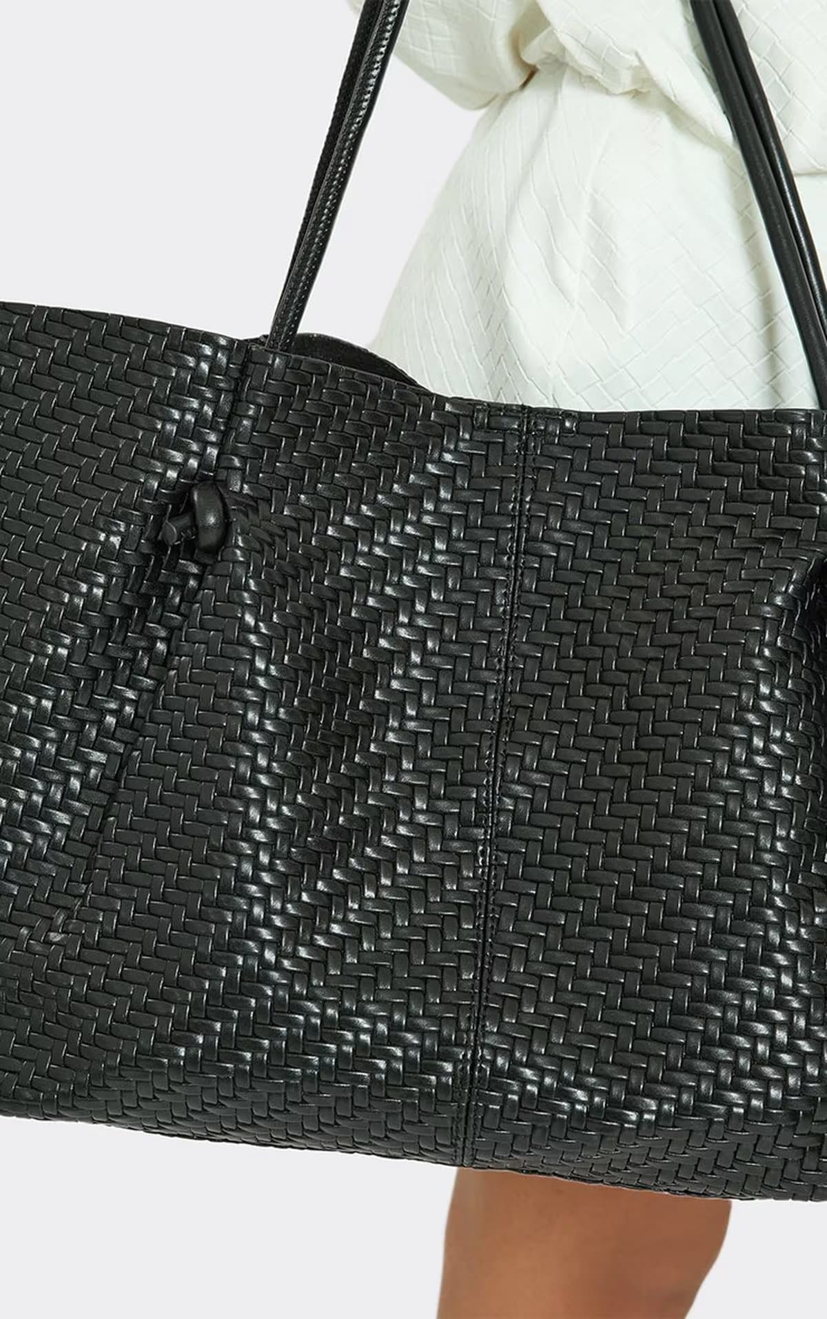 EGO Aven Woven Detail Shaped Tote Bag In Black Faux Leather, Women's Size UK 0