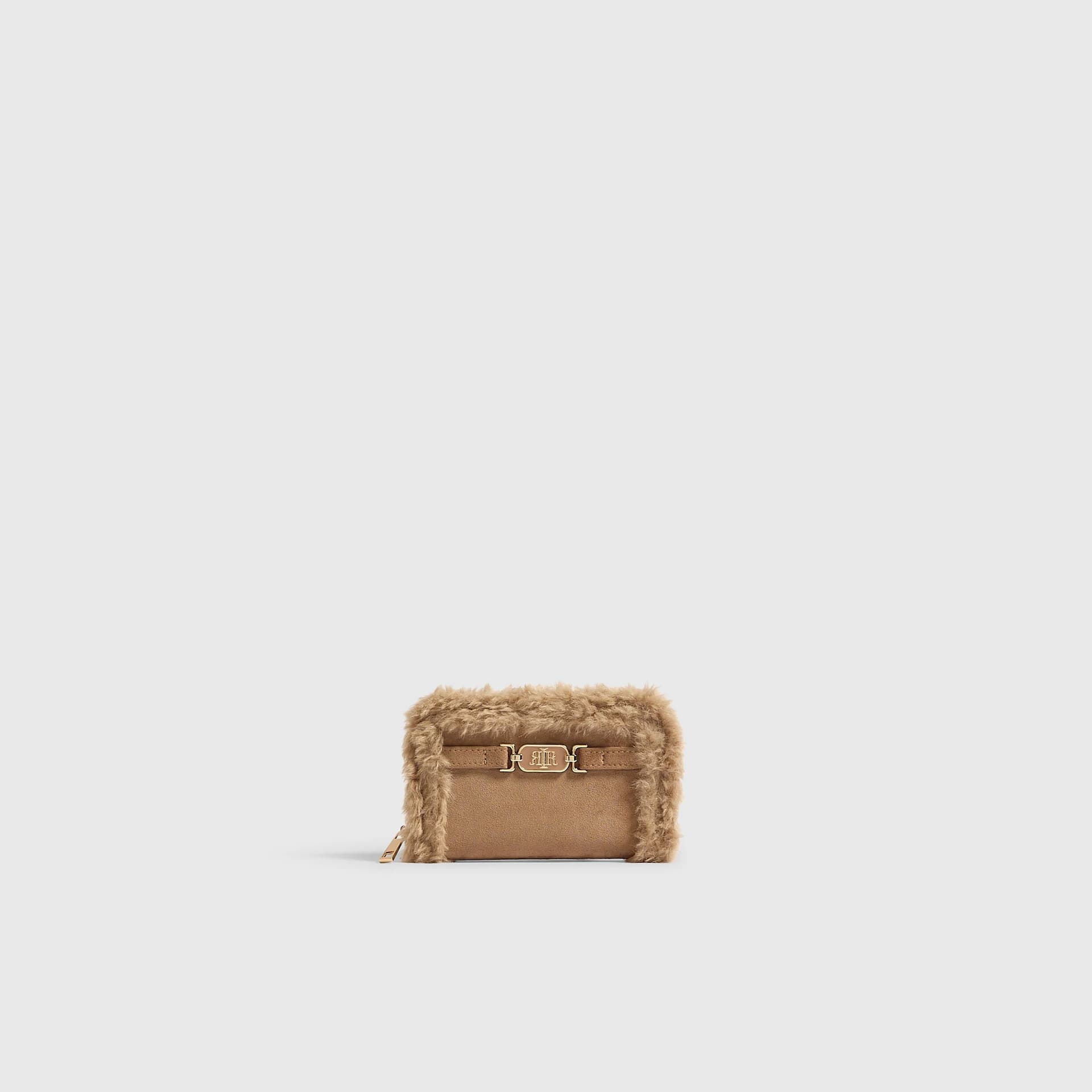River Island River Island Womens Beige Borg Trim Zip Around Purse