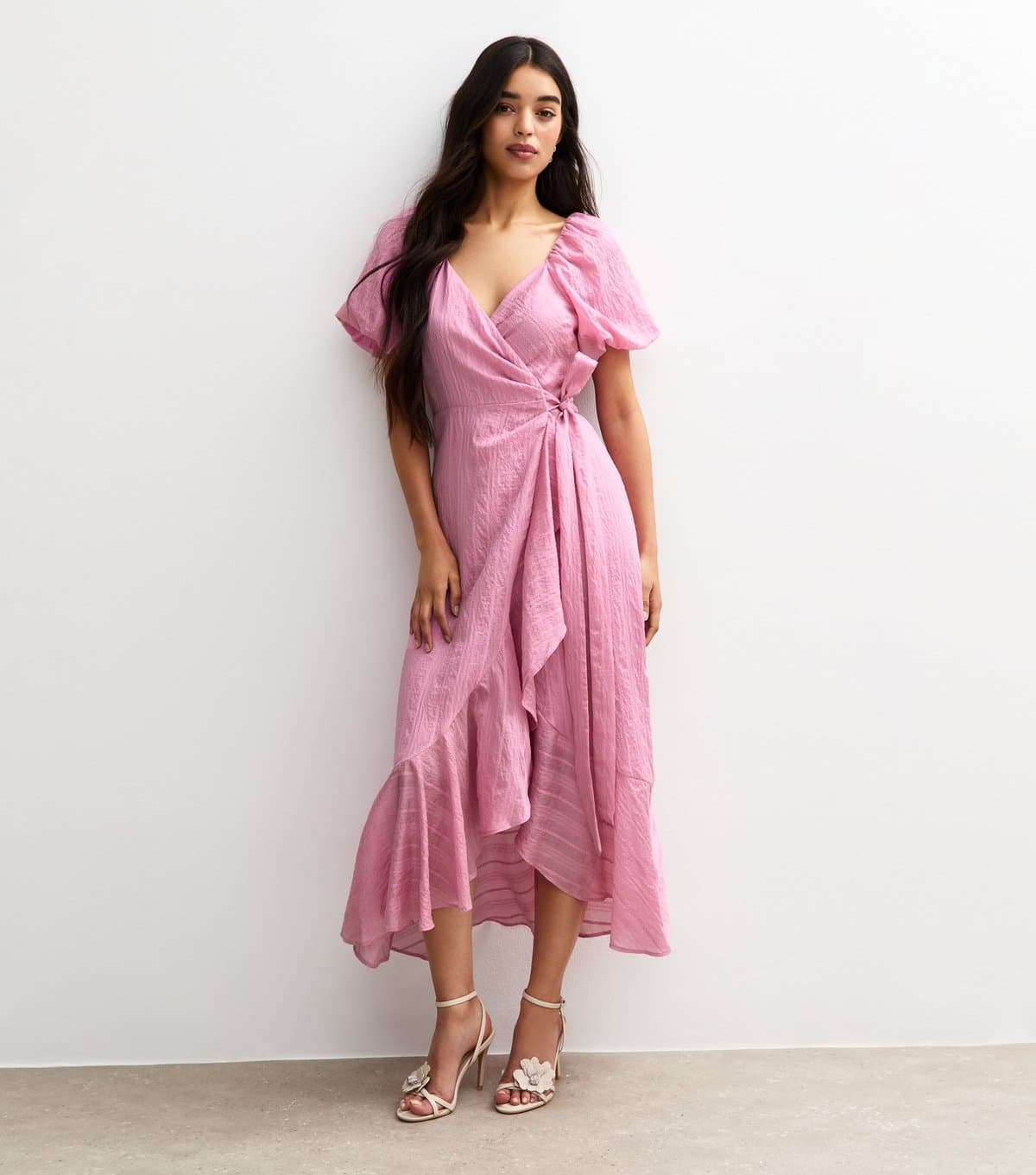 New Look Women's Light Pink Textured Wrap Ruffle Midi Dress New Look