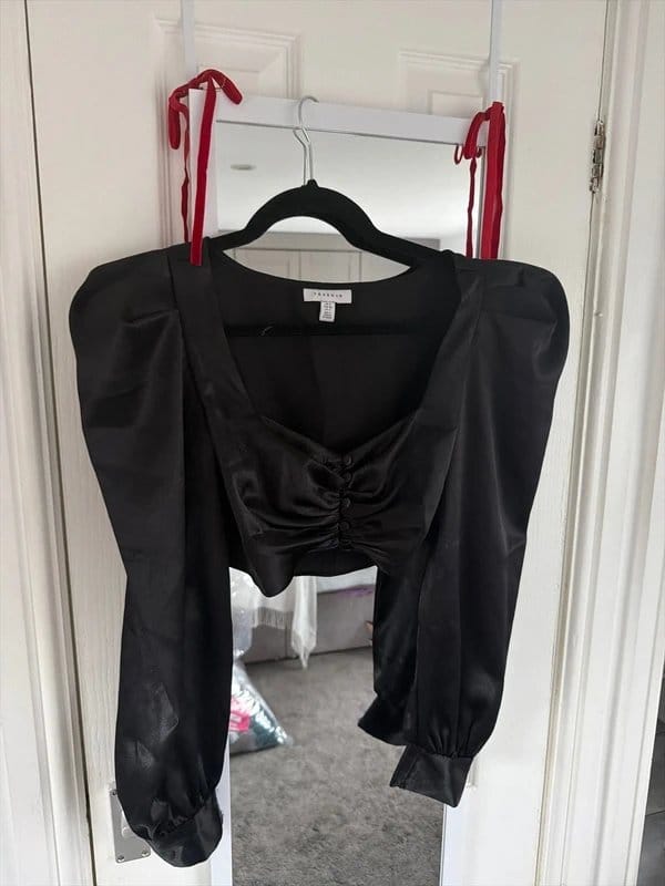 Topshop Black Satin Long Sleeve Crop Top