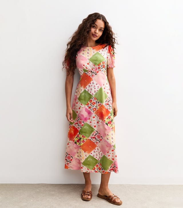 New Look Women's Petite Orange Patchwork Print Midi Dress New Look - 2