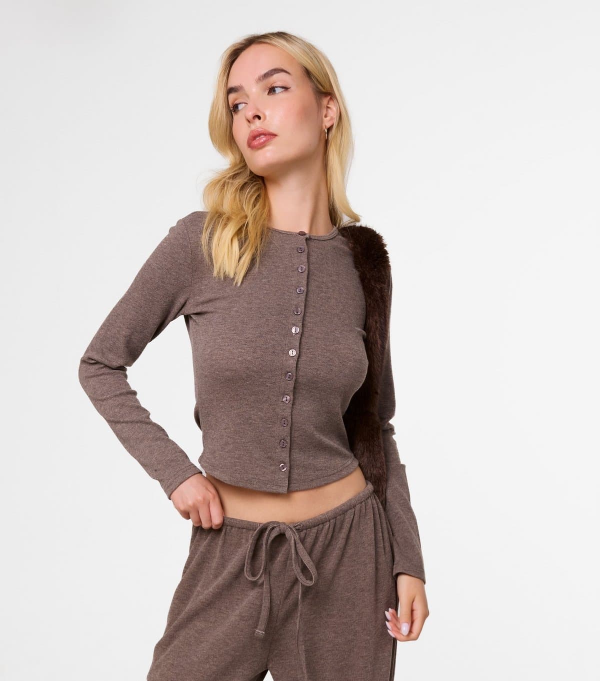 Pink Vanilla Women's Dark Brown Mini Ribbed Cardigan Pink Vanilla New Look