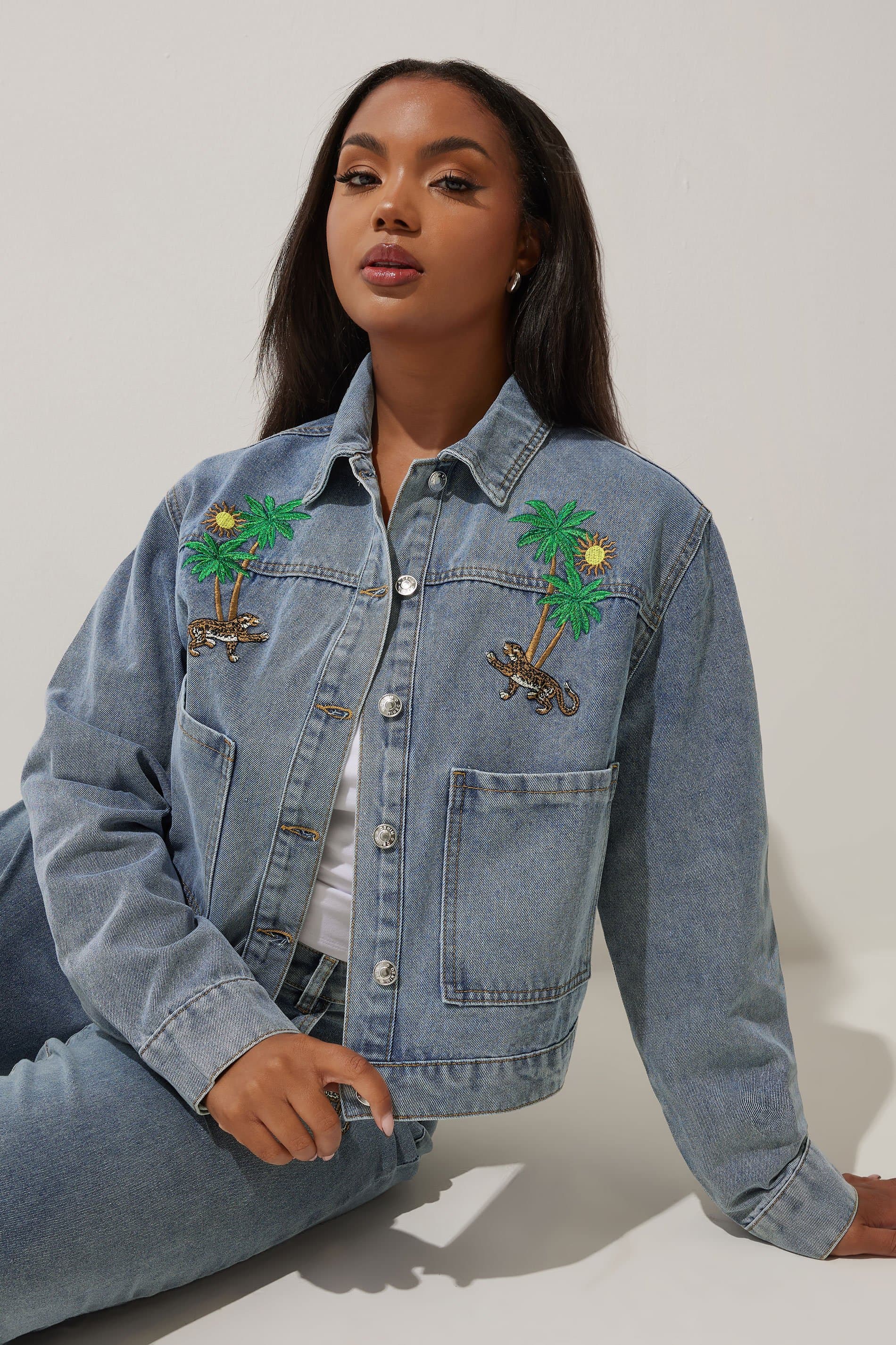 Limited Collection Plus Size Blue Denim Palm Tree Embroidered Jacket