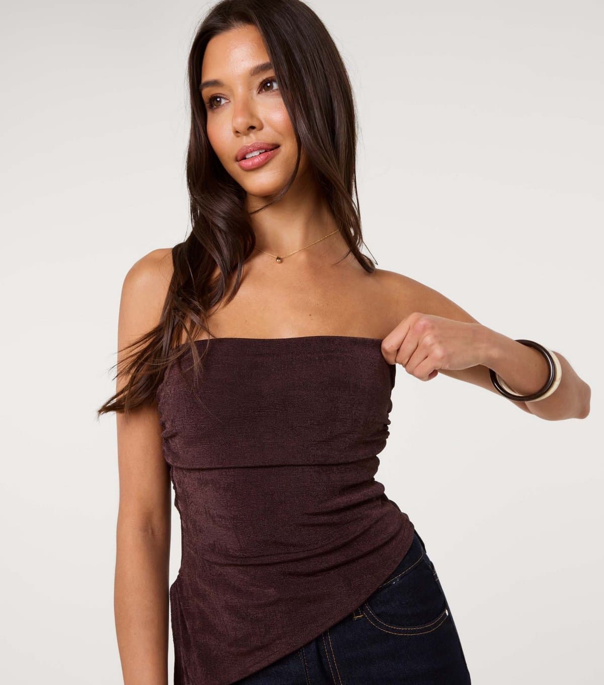 Pink Vanilla Women's Dark Brown Asymmetric Hem Bandeau Top Pink Vanilla New Look